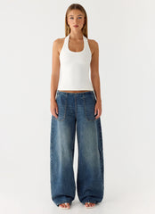 Seethal Low Rise Washed Denim Jeans - Mid Wash Blue