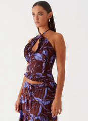 Mariella Linen Top - Purple Brown Floral