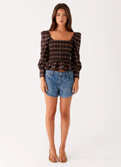 Joyce Long Sleeve Cotton Shirred Top - Chocolate Check