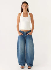 Stevie Low Rise Barrel Leg Denim Jeans - Mid Wash Blue