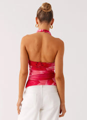 Delany Halter Top - Peach Watermelon Flower